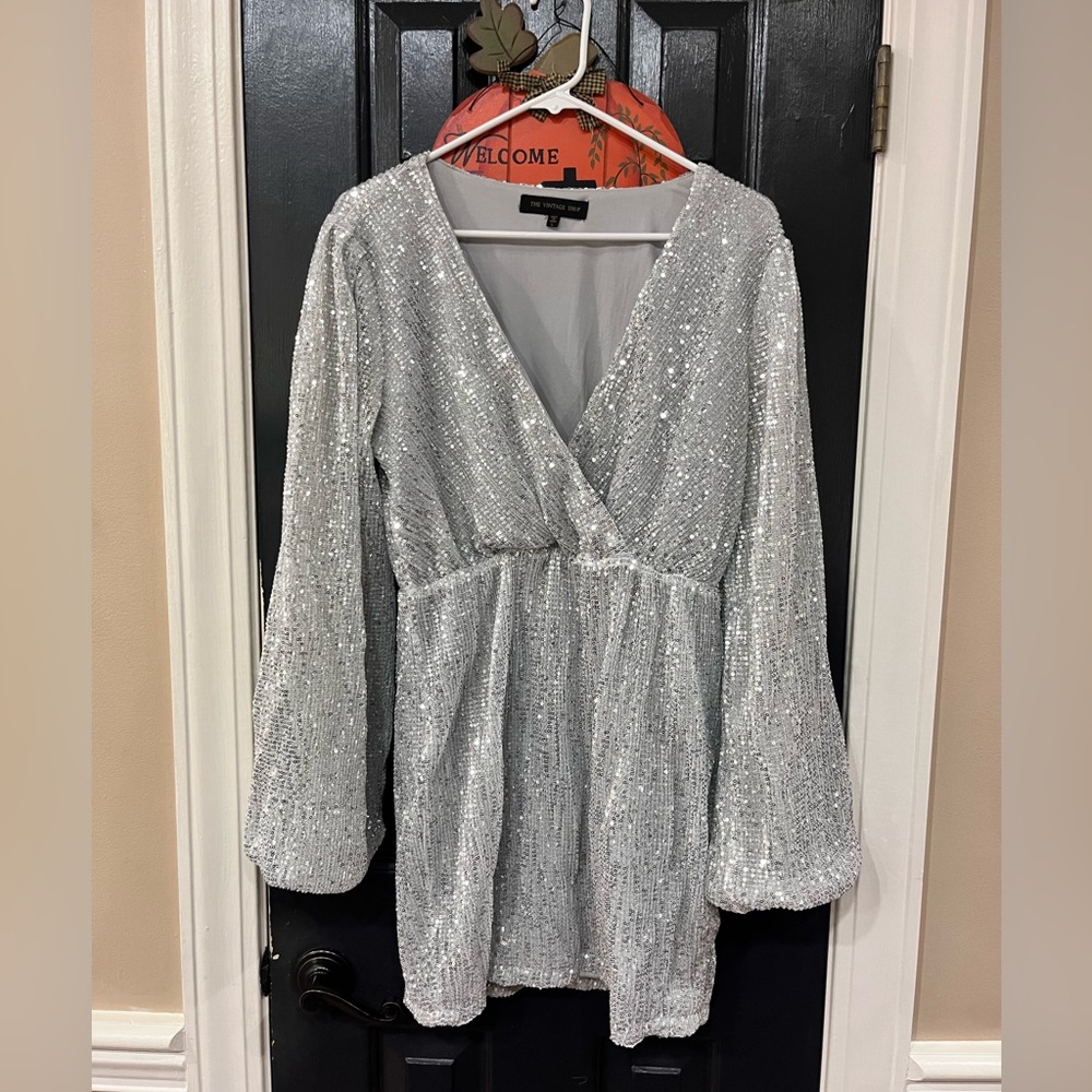 Silver Sequin V neck long sleeve mini dress - homecoming/semi